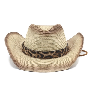 Western straw cowboy hat with gradient brim and leopard print band for outdoor activities