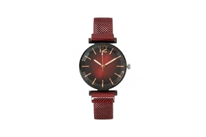 Detailed view of fashionable ladies quartz watch featuring a red dial and magnetic mesh strap