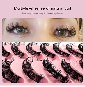Detail view of multi-level curly false eyelashes with model wearing effect shown