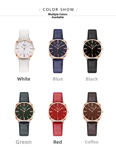 Detailed display of square quartz watches in six colors with leather straps and rhinestones