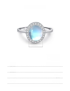 Detailed view of S925 sterling silver ring with 7x8mm moonstone and halo setting
