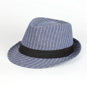 Classic blue and white striped cotton fedora hat with black band on white background