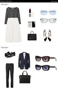 Fashion lookbook detail showing small square sunglasses with coordinated elegant outfits
