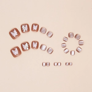 Uñas postizas de pies ojo de gato marrones con mariposas, set de 24 piezas de lujo
