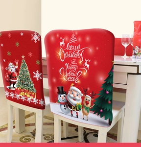 Detail of Christmas chair covers featuring Santa and Snowman festive cartoon patterns