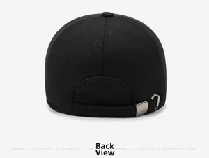 Rear view of black winter baseball cap showing premium cotton twill and metal adjustment buckle