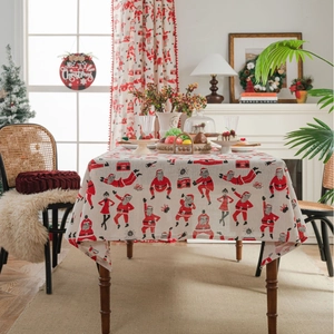 Christmas tablecloth with Santa Claus and vintage radio print on red cotton linen fabric