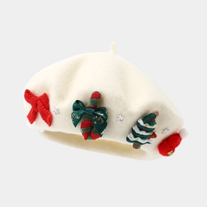 Detail of cream wool beret with red bow, mini Christmas tree and silver star studs