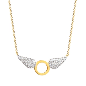 Collier en acier titane doré avec pendentif anneau rond et ailes d'ange en cristal argent
