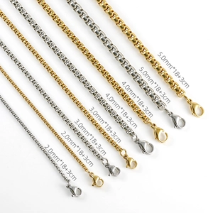 Detailed specs of stainless steel chains with lobster clasps in gold and silver finish