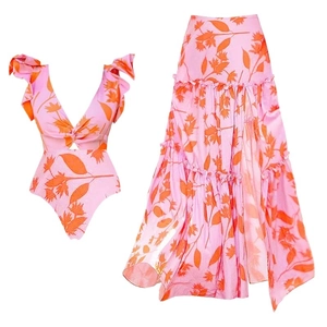 Set costume da bagno con scollo a V e gonna lunga a balze con stampa tropicale