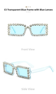 Detail of square blue rhinestone sunglasses with transparent frame and sparkling crystals