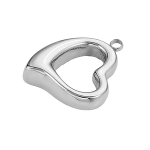 Polished silver heart-shaped hollow pendant with ring connector for jewelry making