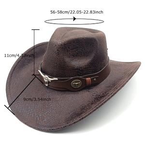 Dark brown faux suede western cowboy hat with snake skin texture and metal bull head detail