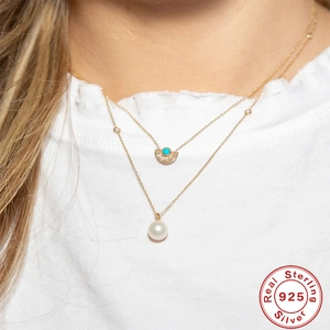 S925 sterling silver layered necklace with turquoise fan pendant and white pearl