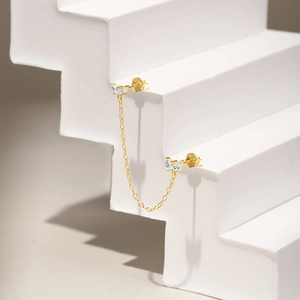 Detailed view of S925 sterling silver gold butterfly earrings for double piercings