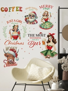 Detail of Christmas wall stickers featuring vintage Santa and Highland cow on a white wall