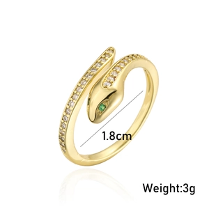 18K gold plated snake ring with white zircons and green eyes, size 1.8cm weight 3g