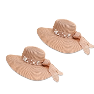 Women's wide brim straw sun hat with pearl flower decor and elegant beige woven texture