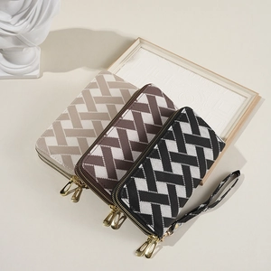 Women Double Zip Wallet Long PU Leather Clutch Phone Pocket Geometric Chevron Stripe Large Capacity Multiple Card Slots Wristlet