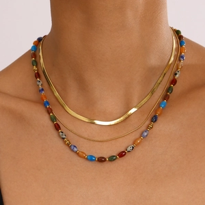 Close-up of a three-layer gold necklace set with colorful natural stone beads on a model