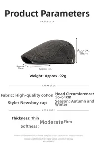 Detailed sizing chart and material specifications for a grey vintage cotton flat cap