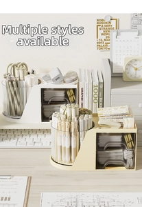 Close-up of cream white rotating desk organizer with clear drawers and stationery compartments