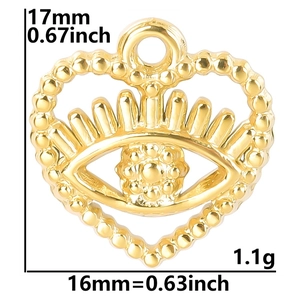 Detail view of 18k gold plated evil eye heart pendant with dimensions 17x16mm and weight