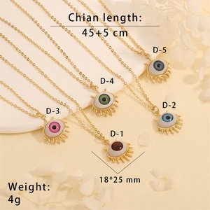 Detail showing 18K gold plated Evil Eye necklaces in five colors with size dimensions
