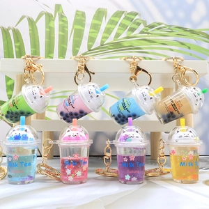Cute Cat Milk Tea Cup Keychain Acrylic Liquid Quicksand Sakura Pendant Bag Charm Cartoon Gift Accessory