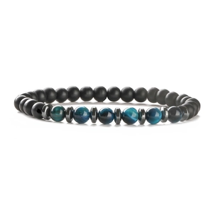 Mens beaded bracelet with matte black stones, blue tiger eye, and faceted metal spacers