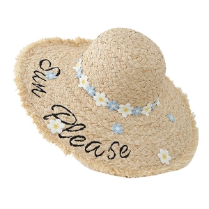 Wide brim raffia straw hat with Sun Please embroidery and floral appliques for sun protection