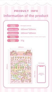Detailed product dimensions and PET material specs for 3D miniature city stickers