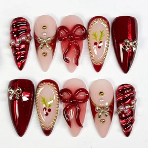 Red Cat Eye Press On Nails With 3D Bow Heart Butterfly Rhinestone Artificial Pearl Decorations Glossy Handmade Festive False Nails