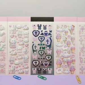 Cute cartoon 3D laser stickers featuring bunnies and sweets on a pink background