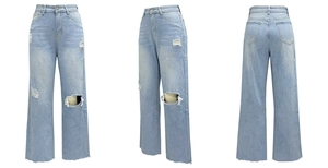 Driezijdige weergave van lichtblauwe high-waist jeans met wijde pijpen en rafelige zomen