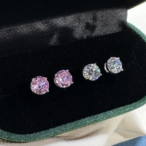 Classic 4-prong 925 sterling silver stud earrings with 6mm pink and white zircons