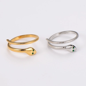Snake Shape Wrap Ring 304 Stainless Steel Green Eye Rhinestone Vintage Scale Texture Adjustable Fashion Jewelry For Women