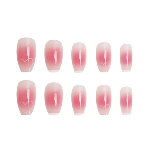 Short ballet pink gradient press-on nails with white heart line patterns 10pcs set