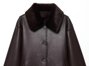 Detail of dark brown faux leather jacket featuring a plush coffee faux fur collar and texture