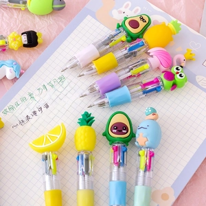 Cartoon animal topper 4-color mini ballpoint pens on a pink grid notebook