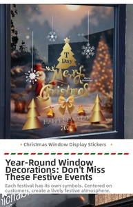 Golden Merry Christmas and Happy New Year 2026 window decals on a festive glass display
