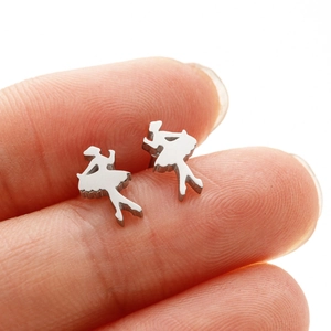Polished stainless steel ballerina stud earrings held between fingertips for size scale