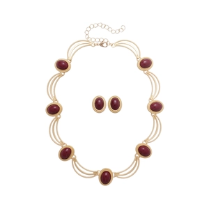 Parure de bijoux rétro ovale avec collier doré et boucles d'oreilles cabochon rouge