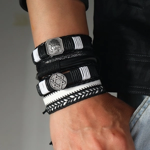 Men's punk leather multilayer bracelet set with metal skull and star charms