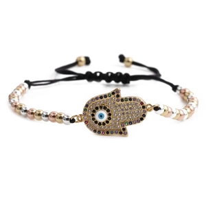 Bracelet Hamsa ajustable Main de Fatma avec cristaux colorés et billes dorées