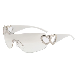 Y2K style rimless wrap sunglasses with white temples and metal heart details