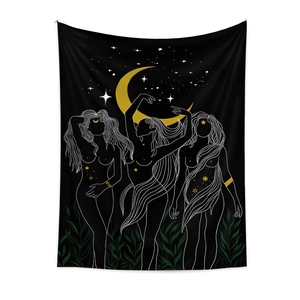 Bohemian moon goddess tapestry with celestial stars and mystical female silhouettes