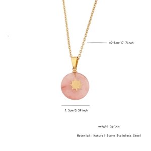 Detail of pink natural stone necklace with sun pattern and product size dimensions