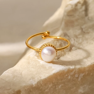 Adjustable 18K gold stainless steel ring with elegant white freshwater pearl on stone